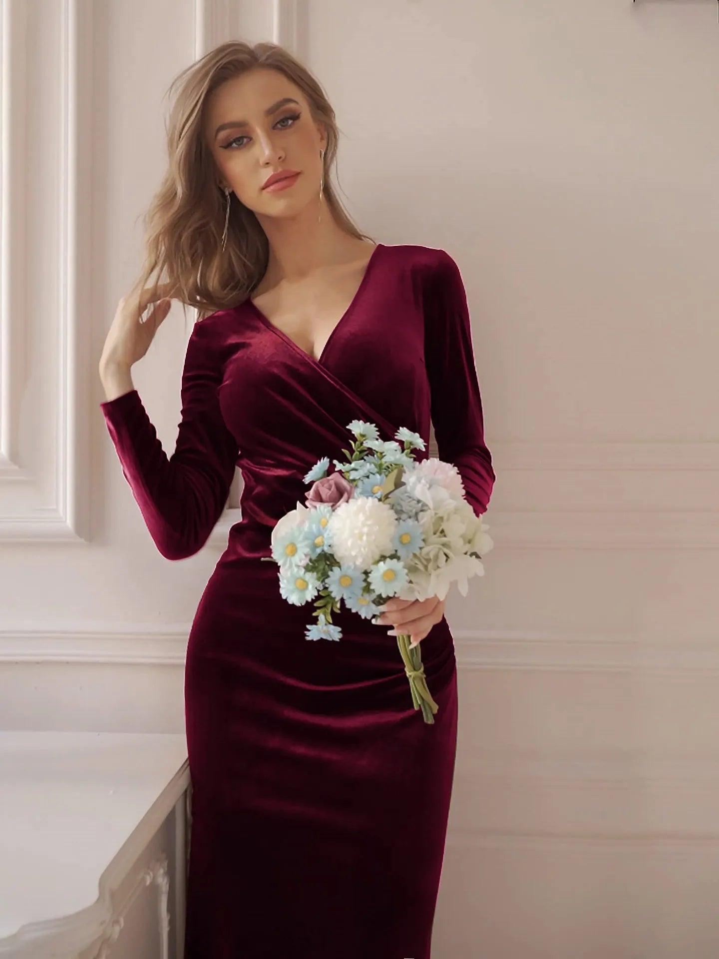 Dress for Women Autumn V-neck Slim Fit Elegant Velvet Long Sleeve Fishtail Evening Party Dresses Vestidos De Noche Juveniles - reetell