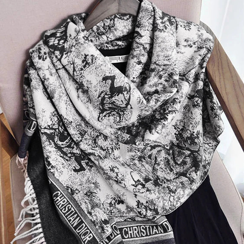 2024 Women's New Scarf Ink Color Printing Black border Shawl with White Tassels Winter Outdoor Warm Muslim Female Pashmina - reetell