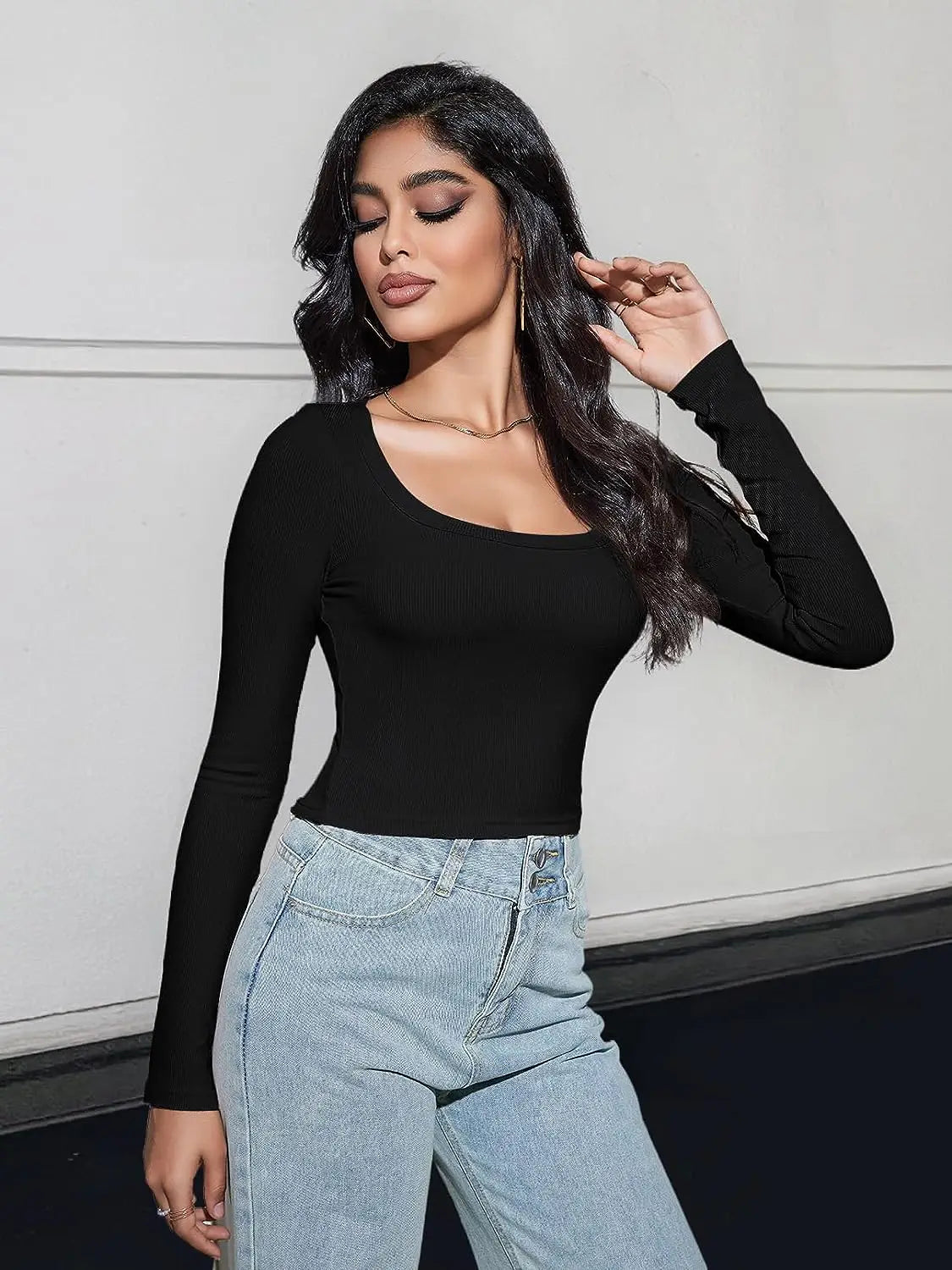 Women's Long Sleeve Square Neck Crop Top Ribbed Slim Fitted Y2K Casual T-Shirt Tops - reetell