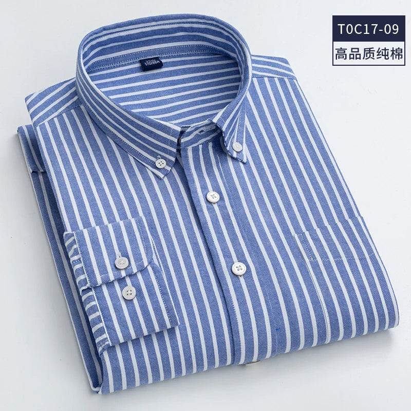 Men's Oxford Long Sleeve Shirts Cotton Regular Fit Casual Fashion Striped Solid Color Plaid Shirt Summer Print Workwear - reetell