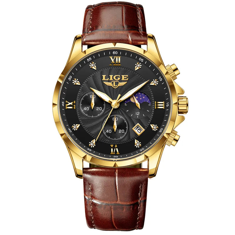 LIGE Mens Watches Casual Business Watch Men Luxury Waterproof Date Luminous Chronograph Wristwatch Quartz Watch Leather Clock