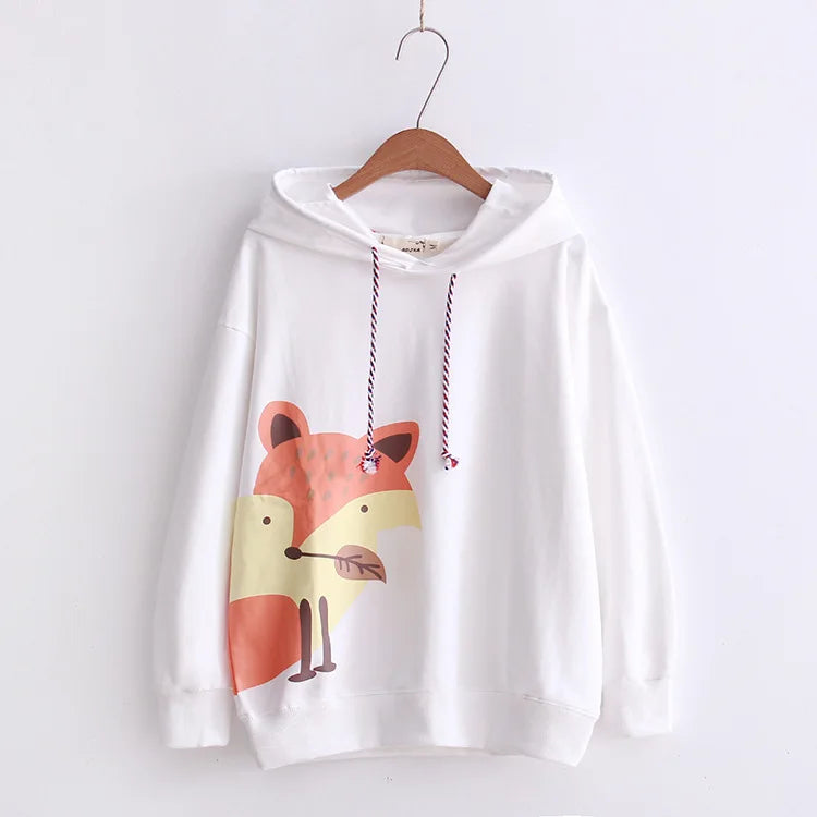 Hot Autumn Cute Fox Printing Hooded Sweatshirt Women Clothing Pullovers Plus Velvet Patchwork Female Sweet Thick Warm Hoodies - reetell