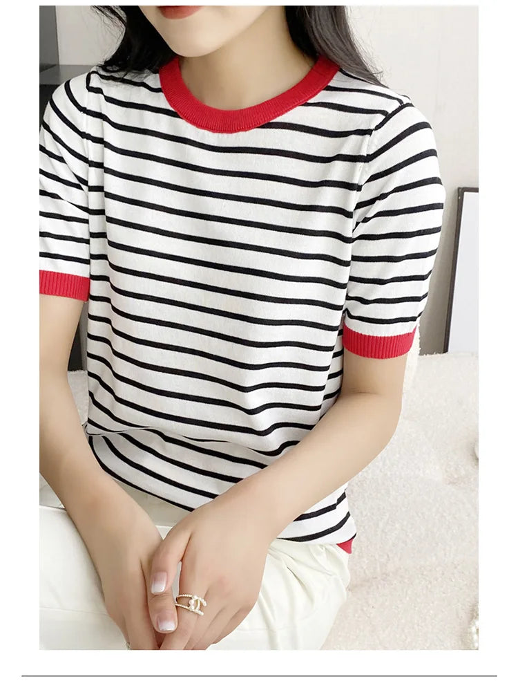 Short Sleeve T-shirts Women Striped Basic Chic Simple All-match Harajuku Retro Cotton O-neck Trendy Loose Leisure Cozy Womens - reetell