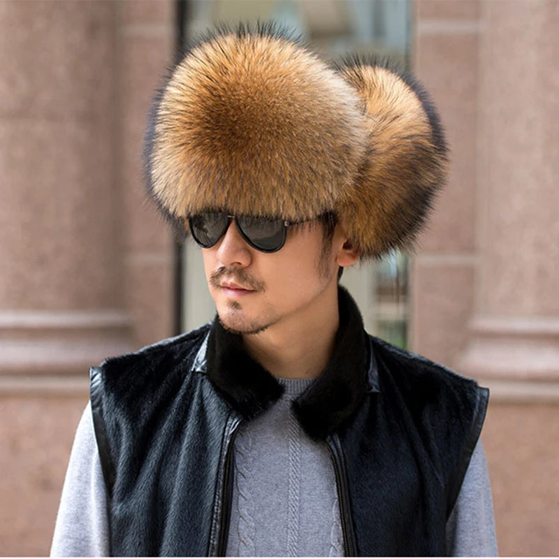 Winter Men's 100% Real Silver Fox Fur Bomber Hat Raccoon Fur Ushanka Cap Trapper Russian Man Ski Hats Caps Real Leather