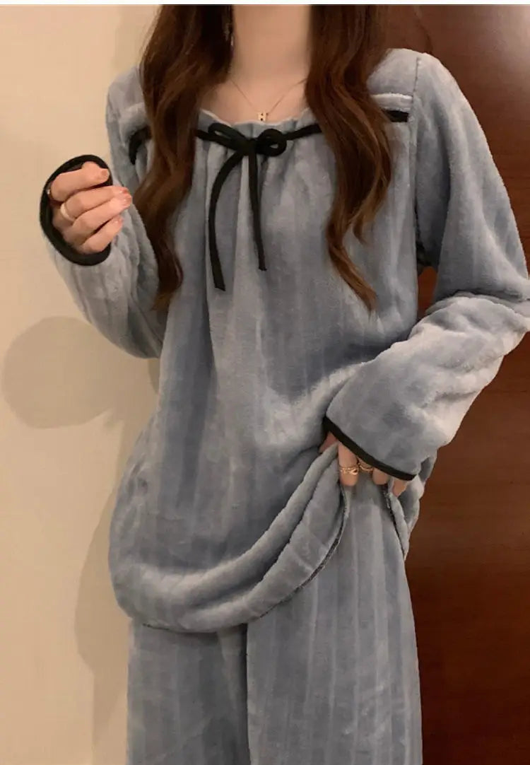 Coral Fleece Pajamas Sets for Women Autumn Winter Thick Warm Sweet Long Sleeve Sleepwear Nightgown Pijama Suit Mujer Homewear