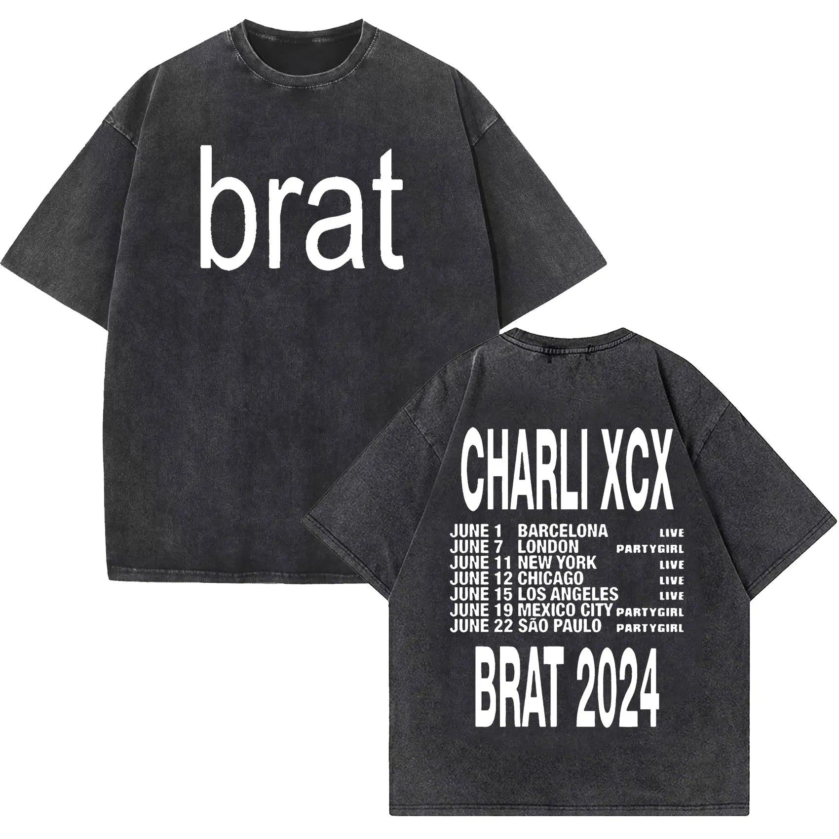 Charli Xcx Brat 2024 Tour Album Letter Print T Shirts Men Hip Hop High Quality Vintage Washed Fashion T-shirt Unisex Streetwear