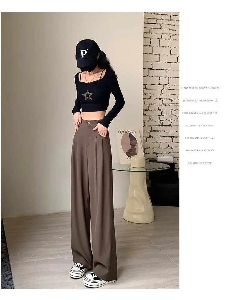 Fashion High Waist Wide Leg Pants Women Spring Fall Baggy Black Trouser Office Ladies Full Length Straight Suit Pant Outwear New - reetell