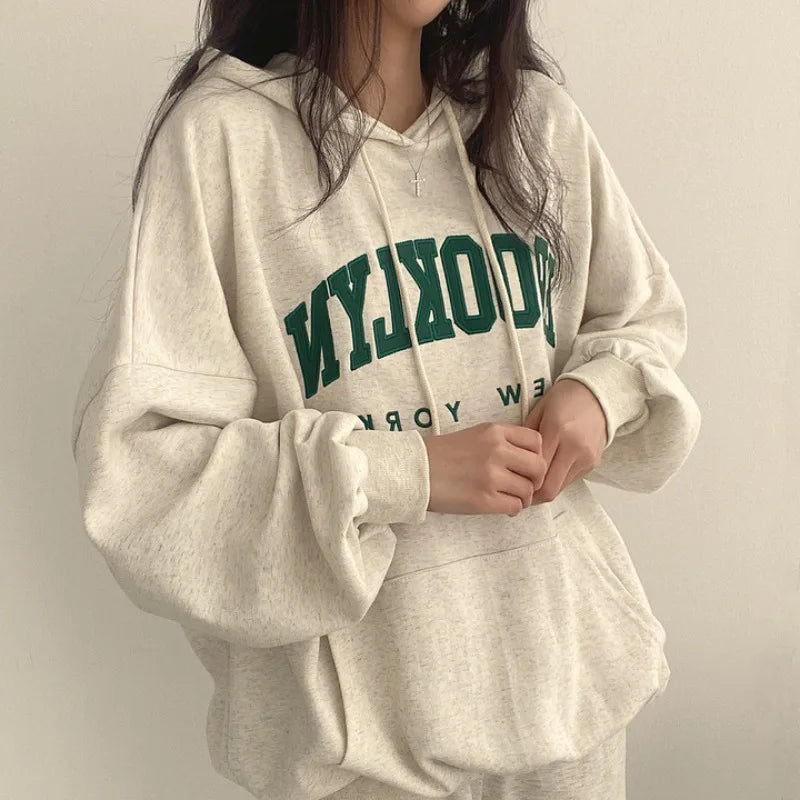 BROOKLYN Letter Print Hoodies Women Retro Chic Long Sleeve Loose Pullovers 2023 Harajuku Casual Hooded Sweatshirt Y2K Streetwear - reetell