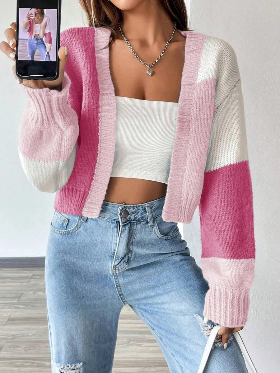 Color Block Open Front Knit Cardigan Casual Lantern Sleeve Crop Sweater Women's Clothing - reetell