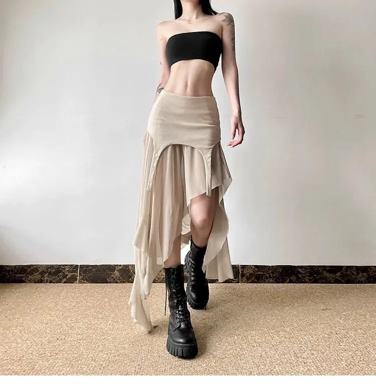 Women Clothes Vintage Y2K Harajuku Aesthetic Fairy Asymmetrical Skirts Summer Female Sexy Split Solid High Waist Slim Midi Skirt - reetell