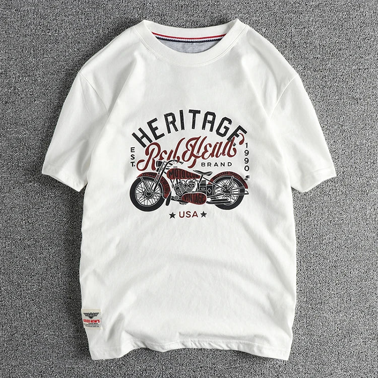 Vintage cotton short sleeve T-shirt Men's Motorcycle Print Summer May Khaki Youth half sleeve tee