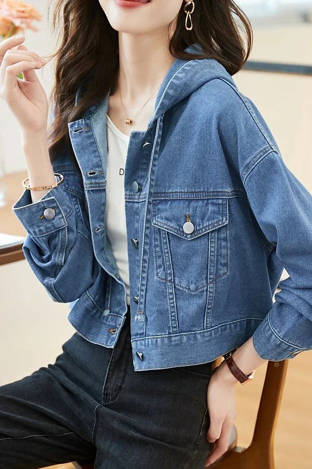 Crop Hooded Small Women's Denim Jackets Outerwears Female Jeans Coat Spring Autumn Plain Blue Short On Offer With Elegant Classy