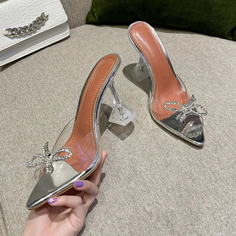 Big size 35-45 Rhinestones Bowknot Transparent PVC Women Slippers Elegant High heels Summer Shoes Sandals Fashion  Mules Slides