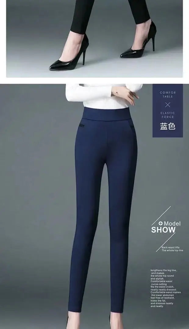 Office Lady Slim Pencil Pants Spring Autumn High Waist Elastic Pockets Solid Elegant Women Casual Fashion Straight Trousers 2022 - reetell