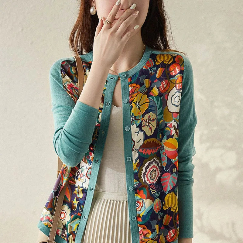 2023 Spring Autumn Round Neck Fashion Printing Sweater Women High Street Casual Long Sleeve Button All-match Elegant Cardigan - reetell