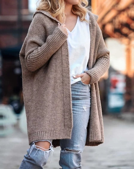 Cardigan for Women Autumn Fashion Solid Color Long Sleeved Temperament Commuting Loose Knit Open Front Hooded Sweater Cardigan - reetell