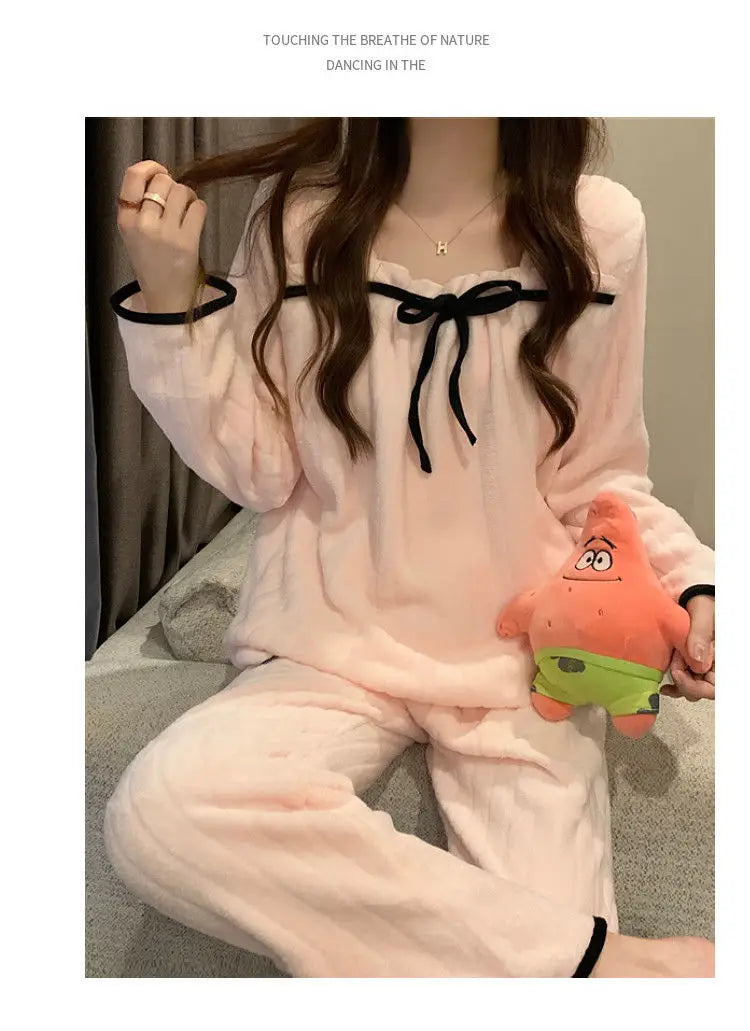 Coral Fleece Pajamas Sets for Women Autumn Winter Thick Warm Sweet Long Sleeve Sleepwear Nightgown Pijama Suit Mujer Homewear