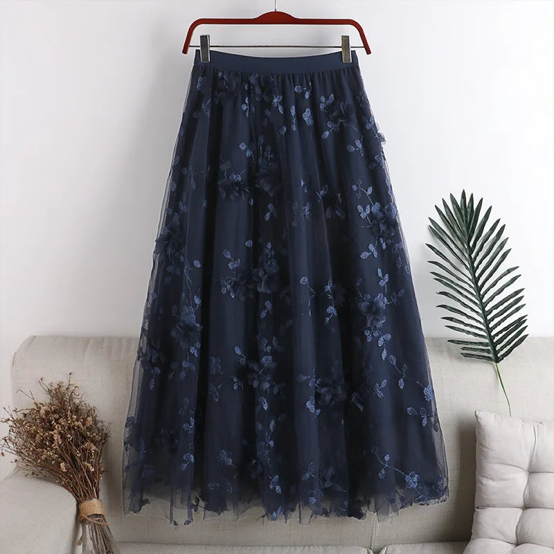 LANMREM Embroidered Floral Spliced Mesh Skirt Women Casual Elastic High Waist A-line Skirts Fashion 2023 Autumn New 2AA2763 - reetell