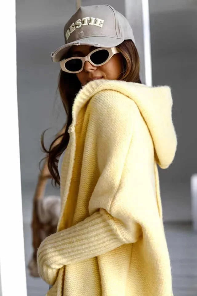 2024 Autumn Winter Cozy Chic Hooded Cardigan Women's Casual Knit Sweater Coat Elegant Batwing Sleeve Pocket Long Jacket Jumpers - reetell