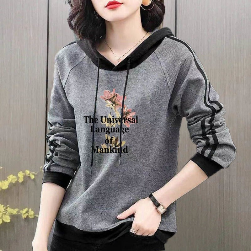 Spring and Autumn Women's Pullover Long Sleeve Hooded Print Stripe Letter Panel Drawstring Graphic Loose Fashion Casual Sweaters - reetell