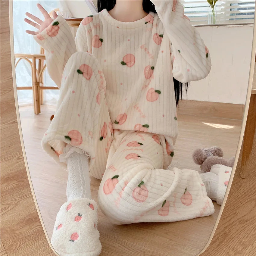 Autumn Women Solid Warm 2 Piece Sets Thicken Velvet Ribbed Fleece Set Pullover And Pants Women Casual Pajama Sets 2024 - reetell