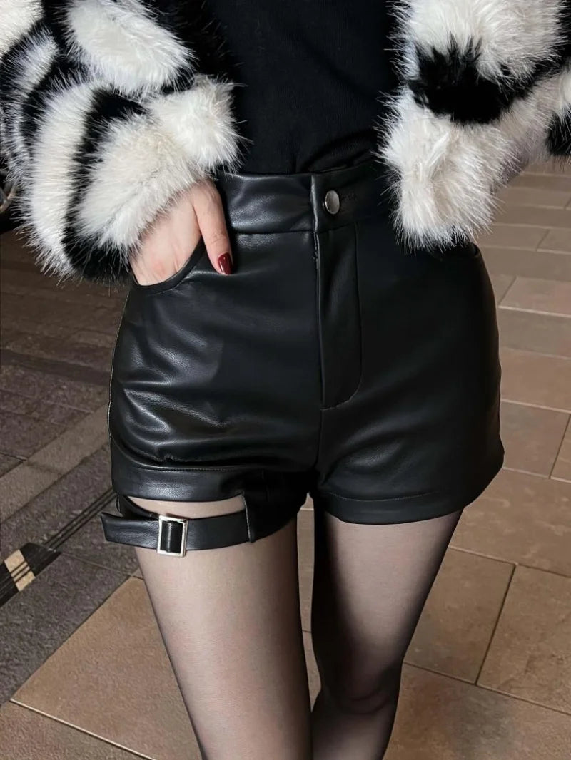 Sexy Black Pu Leather Shorts Women's Autumn and Winter Tight Gothic High Waist Shorts Street Fashion Y2K Hot Girl Outfit - reetell