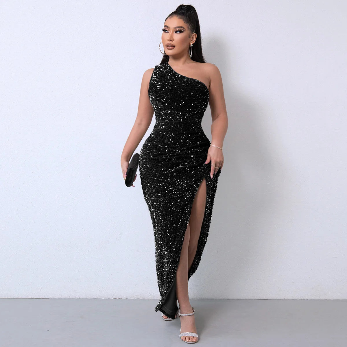 Women Long Dresses Sexy One Shoulder Bodycon Evening dresses Sequined Irregular Prom Dress Cocktail Birthday Party Welcome Dress - reetell