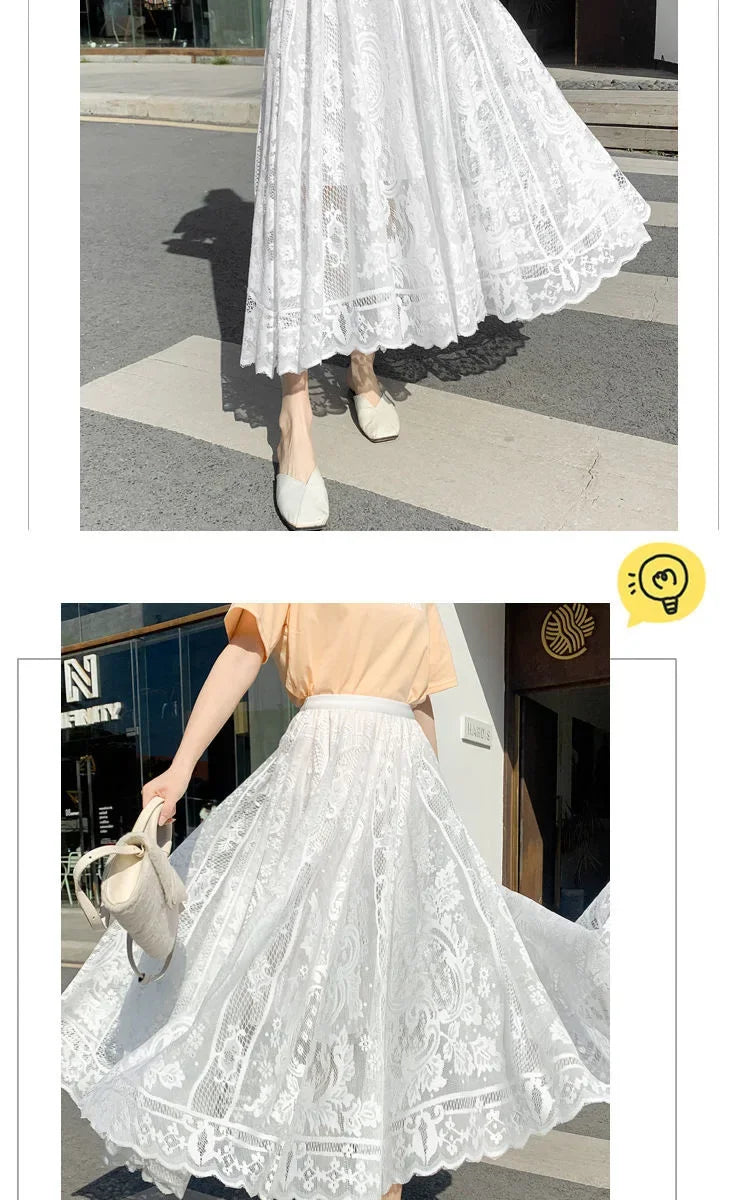 Lace High Waist Skirt Women Faldas Ropa Mujer Casual Loose Summer White Long Skirts Ladies Fashion Jupe Solid Woman Clothes Saia - reetell