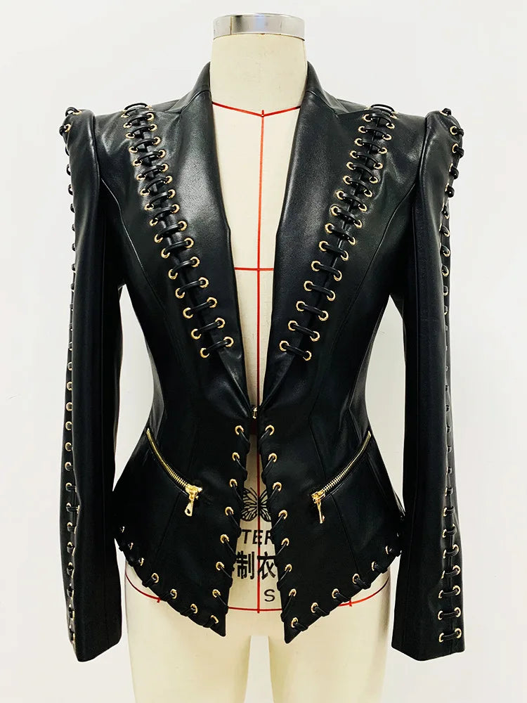 HIGH QUALITY Newest Fashion 2024 Designer Jacket Women's Rope Lacing Up Slim Fitting Leather Blazer