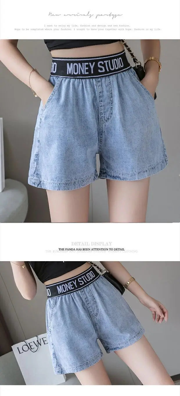 2023 New Elastic Waist Denim Shorts Women's Summer High Waist New Versatile Casual Loose Simple Academy Style - reetell