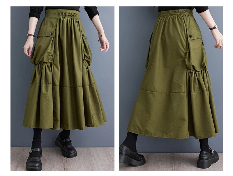 Oversized Spring Autumn Cargo Midi Skirt Women Elastic High Waist Fashion Ruffle Pleated Ladies Skirts Loose Casual Woman Skirt - reetell