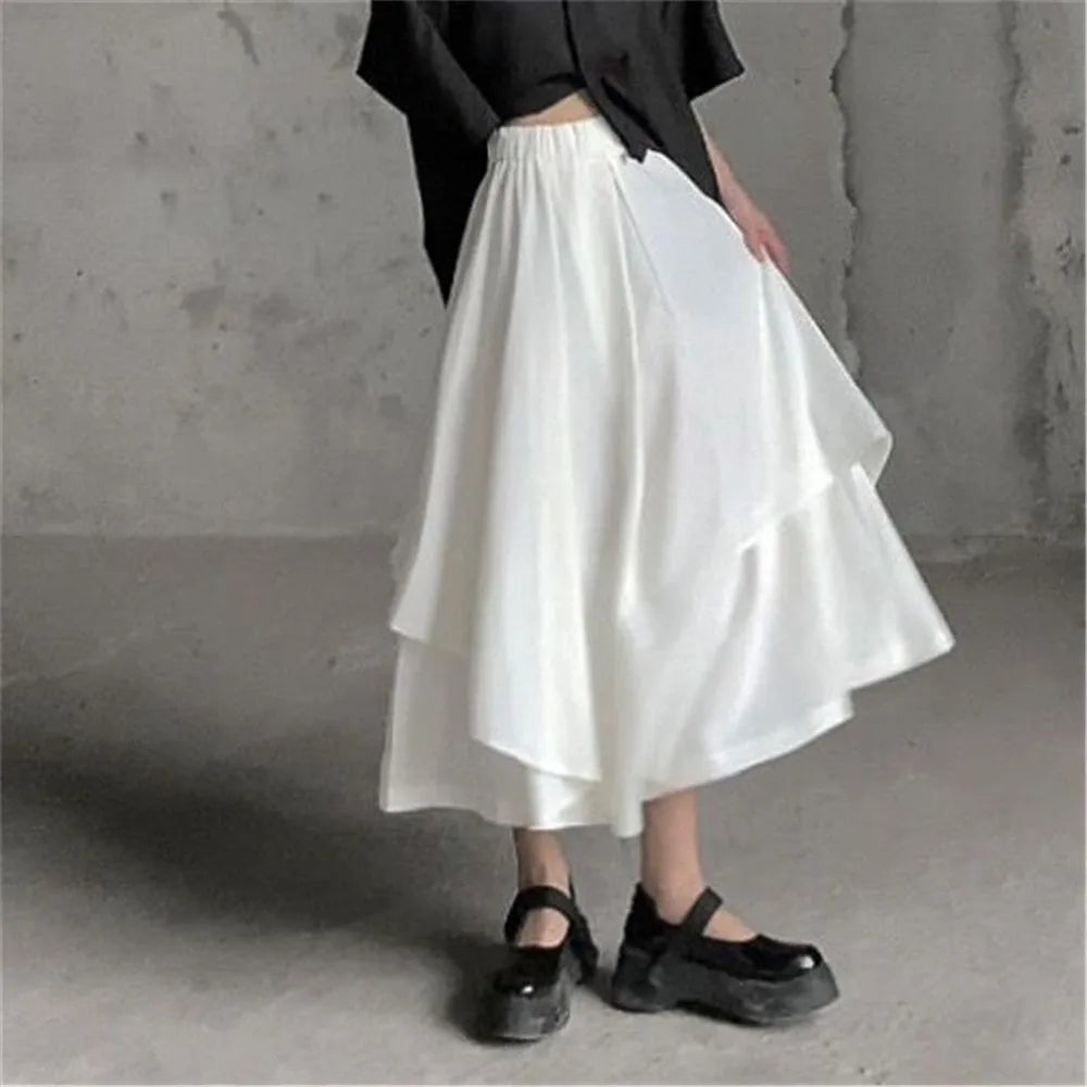 Gothic Frosty Irregular Skirts Pants Women High Waist Solid White Black Brown Long Pleated Skirts 2022 Korean Hip Hop Streetwear - reetell