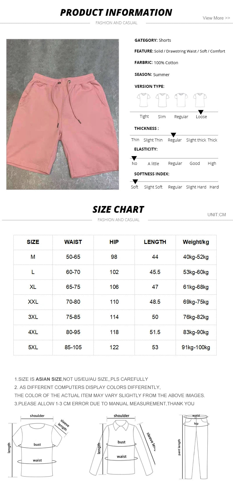 40KG-100KG Summer New 100% Cotton Soft Men’s Drawstring Waist Black White Yellow Pink Casual Shorts 4XL 5XL - reetell