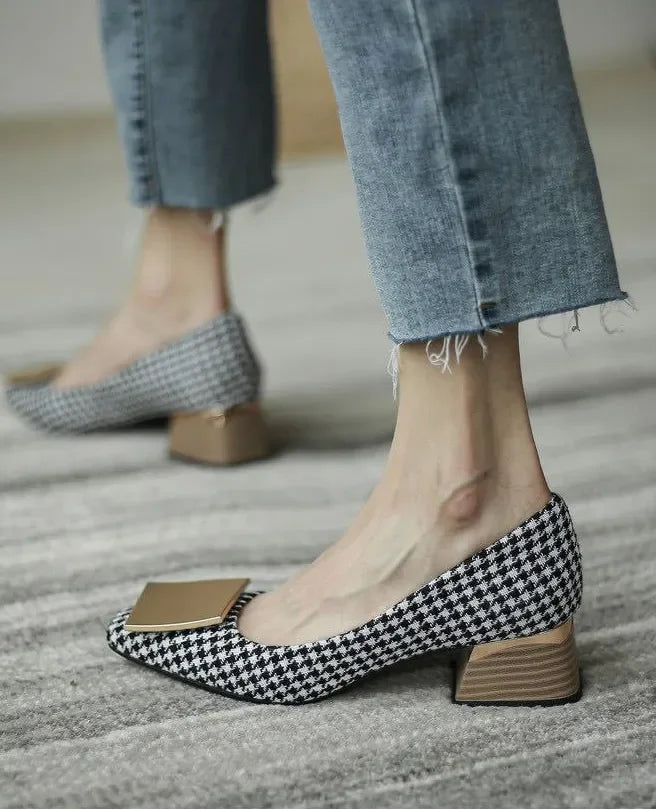 Comemore Trend 2023 Square Heels Women's Summer Footwear Office Black Medium Heel Casual Pumps Slip-on Luxury Shoes for Woman 34