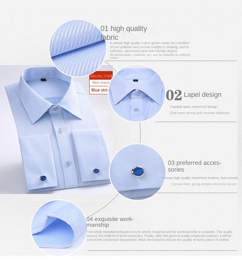 M~6XL Men's French Cuff Dress Shirt 2024New White Long Sleeve Formal Business Buttons Male Shirts Regular Fit Cufflinks Shirt - reetell