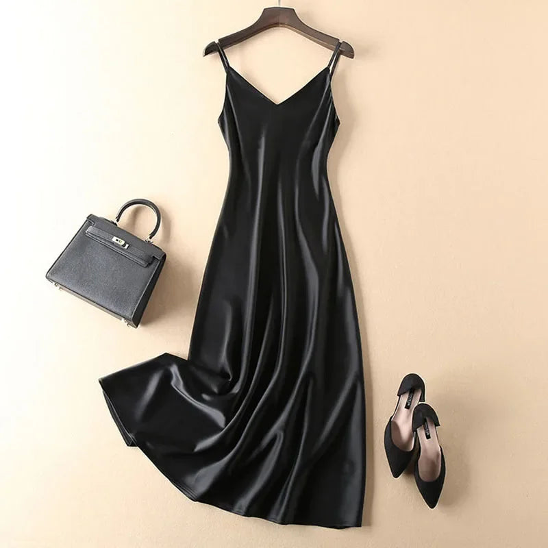 QNPQYX Sexy Spaghetti Strap Backless Dress Women Elegant Satin Silk V-Neck Long Dress Female Korean Bodycon Night Party Dresses - reetell