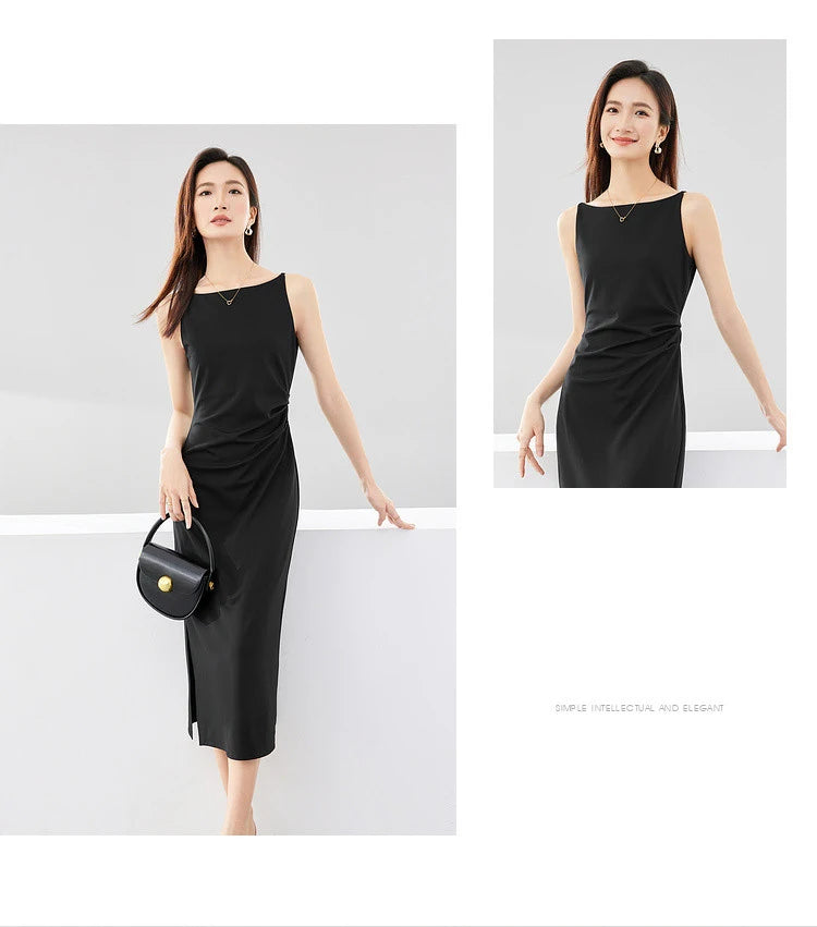 SENTUBILA Ruched Black Dress Women 2024 Spring Summer Party Slim Temperament Slash Neck Sleeveless Lady Midi Dresses Q33L52443 - reetell