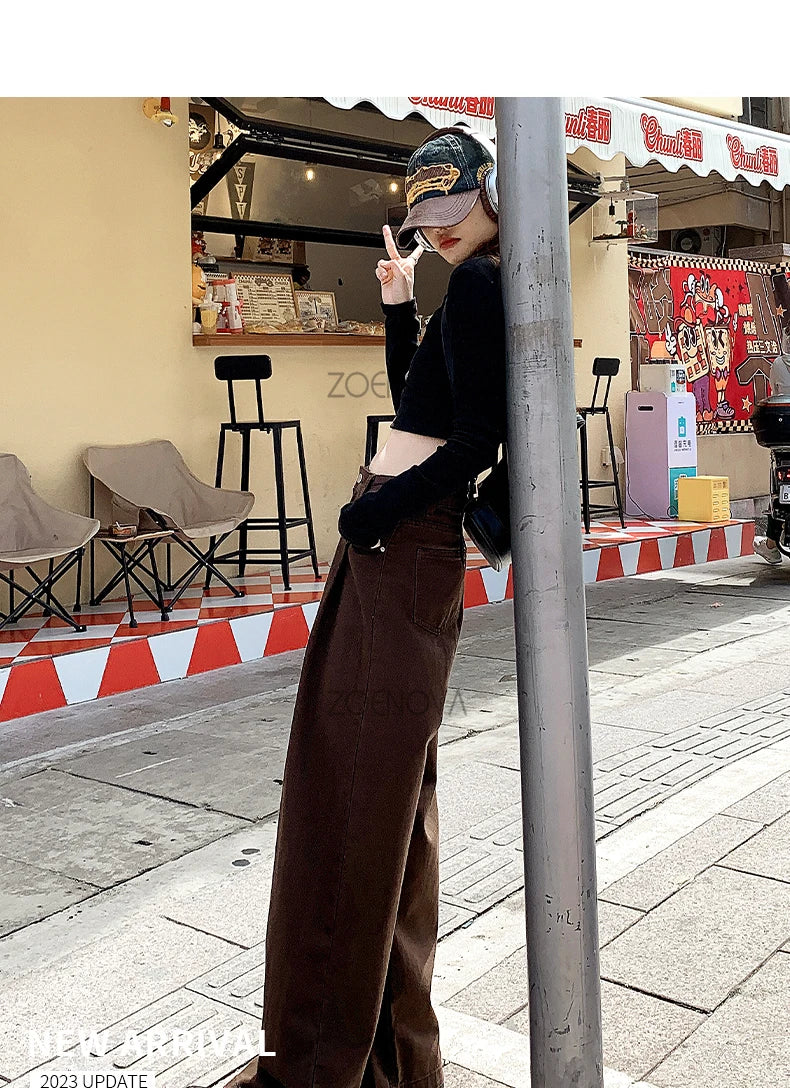 ZOENOVA Spring Autumn Korean New Fashion Dark Brown Women's Jeans Street Casual Wide Leg Pants Loose Straight Versatile Trousers - reetell