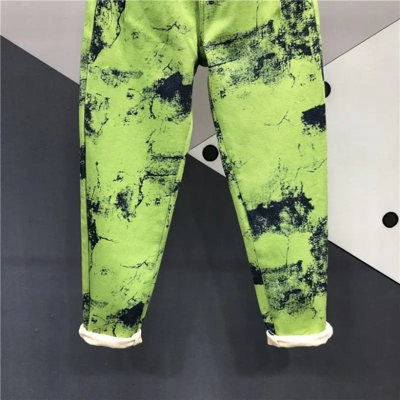 European Goods Heavy Industry Fashion Tie Dye Green Jeans Women's New Spring Summer High Waisted Loose Fit Slimming Harun Jeans - reetell