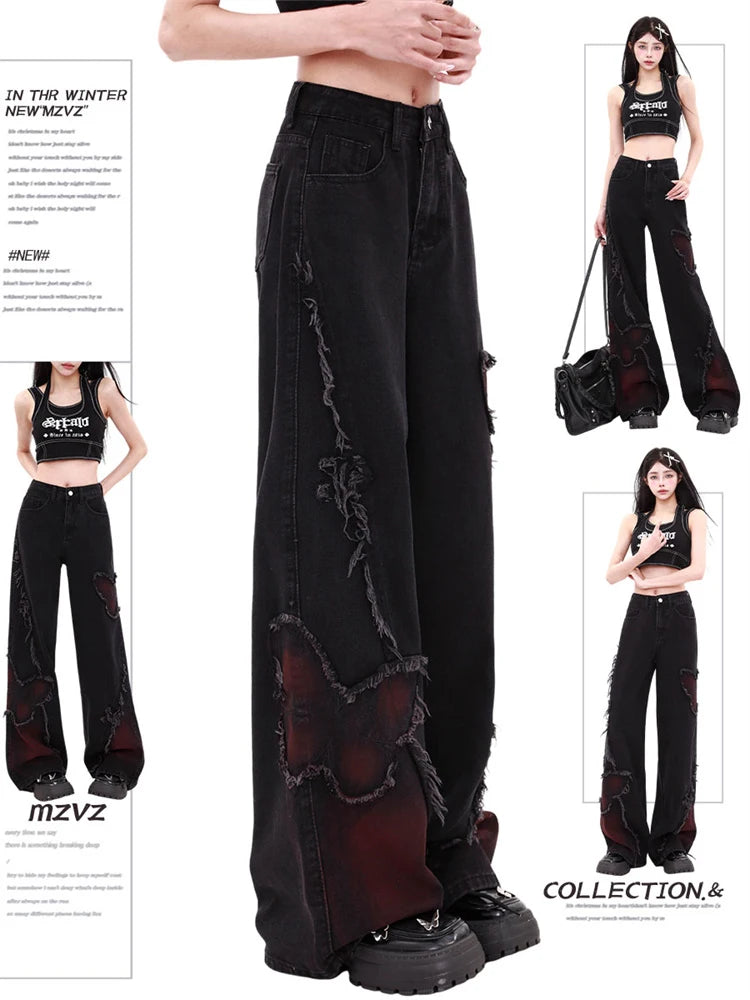 WCFCX STUDIO Women's Black Baggy Jeans Harajuku Y2k Aesthetic Butterfly Denim Trousers Korean Jean Pants Vintage Wide Leg Pants - reetell