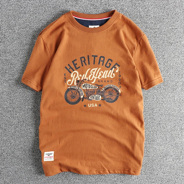 Vintage cotton short sleeve T-shirt Men's Motorcycle Print Summer May Khaki Youth half sleeve tee