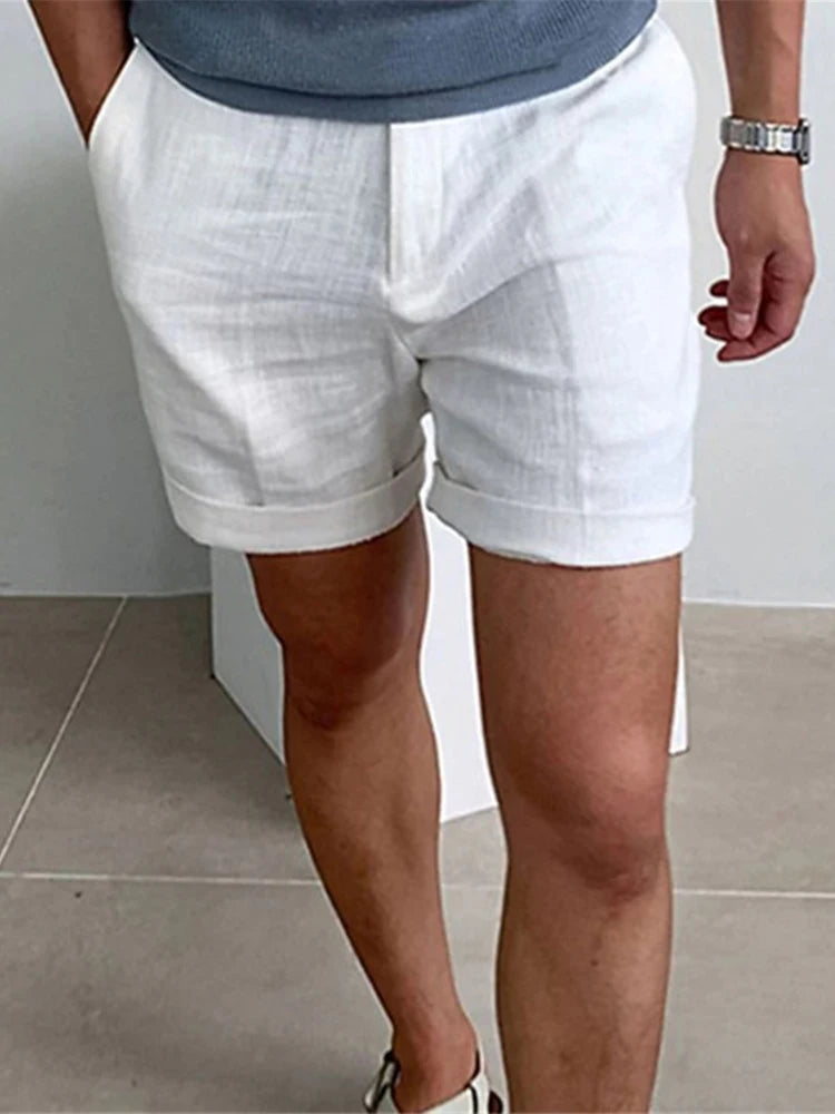 Fashion Simple Solid Color Loose Beach Shorts Men Daily Leisure Breath Cotton Linen Shorts Summer Vacation Casual Mens Shorts - reetell