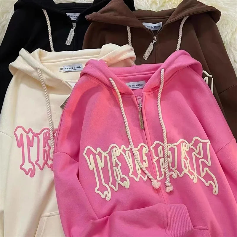 Hiphop Letter Embroidery Sweatshirt Women Autumn Harajuku Zip Up Casual Loose Hoodie Retro Long Sleeve Hooded Jacket Y2K Clothes - reetell