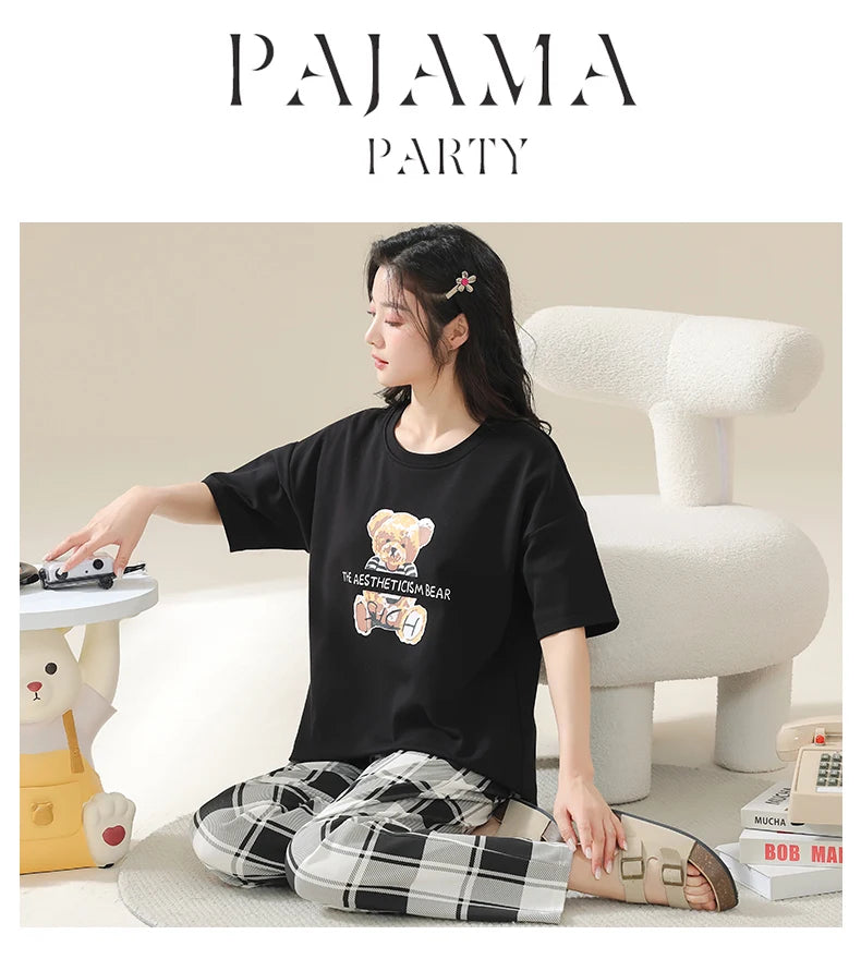 SUKAE Summer Women Pajamas Set Plus Size M-5XL Cotton Women's Pajama Short Sleeves Nightwear Sleepwear Korean Pijamas for Girl