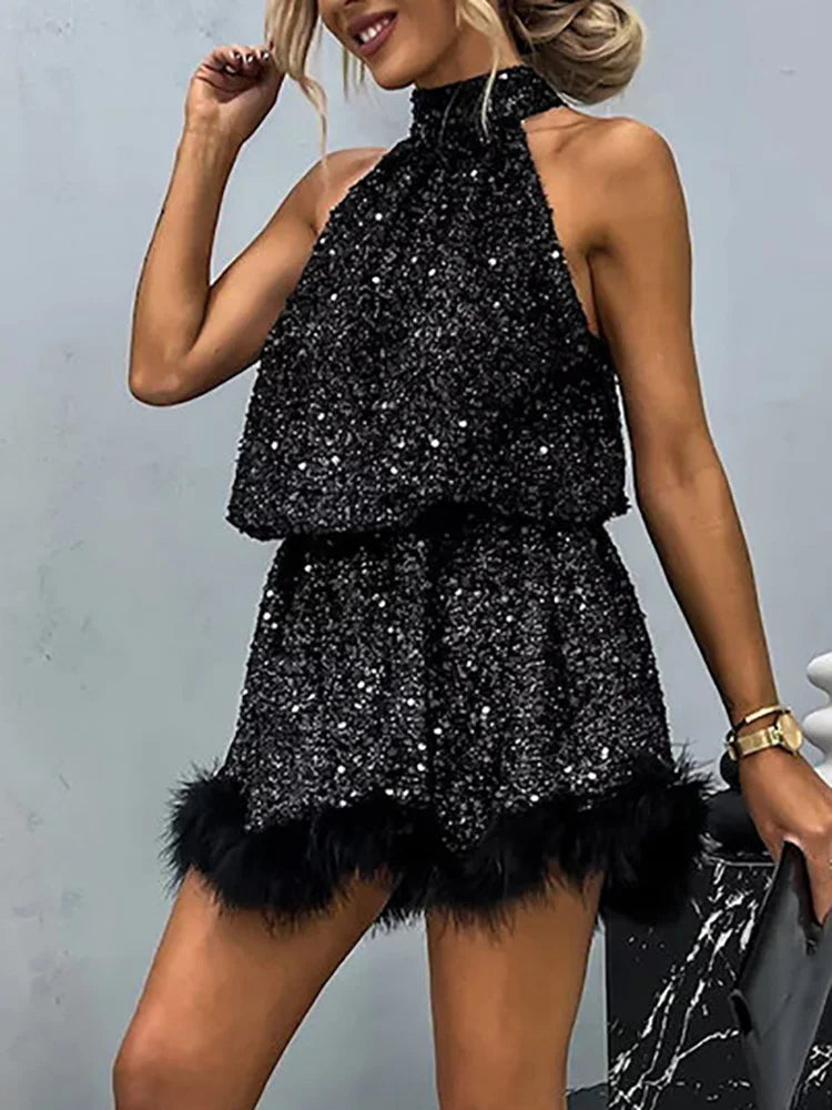 Loungewear Sequins Fashion Party Dress, Women Summer Halter Sleeveless Holiday Dress, Sexy Lace-Up Loose Ladies Dress Streetwear - reetell