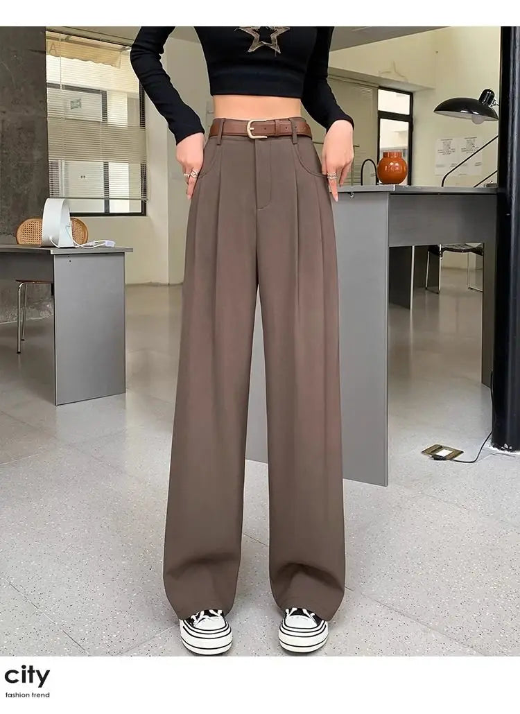 Fashion High Waist Wide Leg Pants Women Spring Fall Baggy Black Trouser Office Ladies Full Length Straight Suit Pant Outwear New - reetell