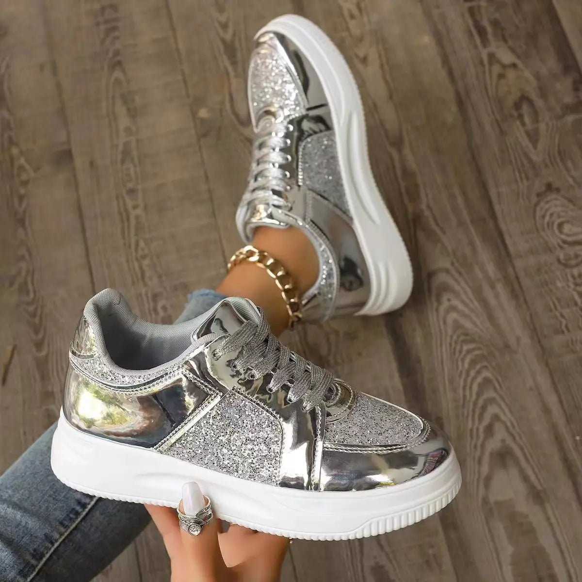 Women's Gold Sequins Platform Sneakers Autumn Fashion Casual Sports Shoes Thick Bottom Vulcanized Shoes Woman Flats Heels Shoes