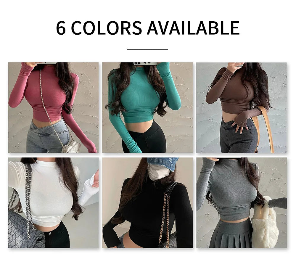 Womens Long Sleeve Turtleneck T Shirts Ribbed Tight Knit Sexy Slim Fitted Casual Women's Basic Crop Tops Cropped T-Shirt - reetell