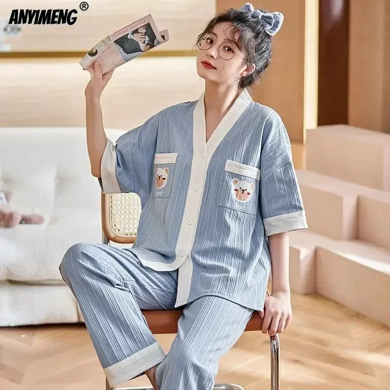 Women Clothing M-5XL Summer Cotton Panda Pajama Casual Short Sleeve Kimono Cardigan Sleepwear Cartoon Nightwear Woman Loungewear