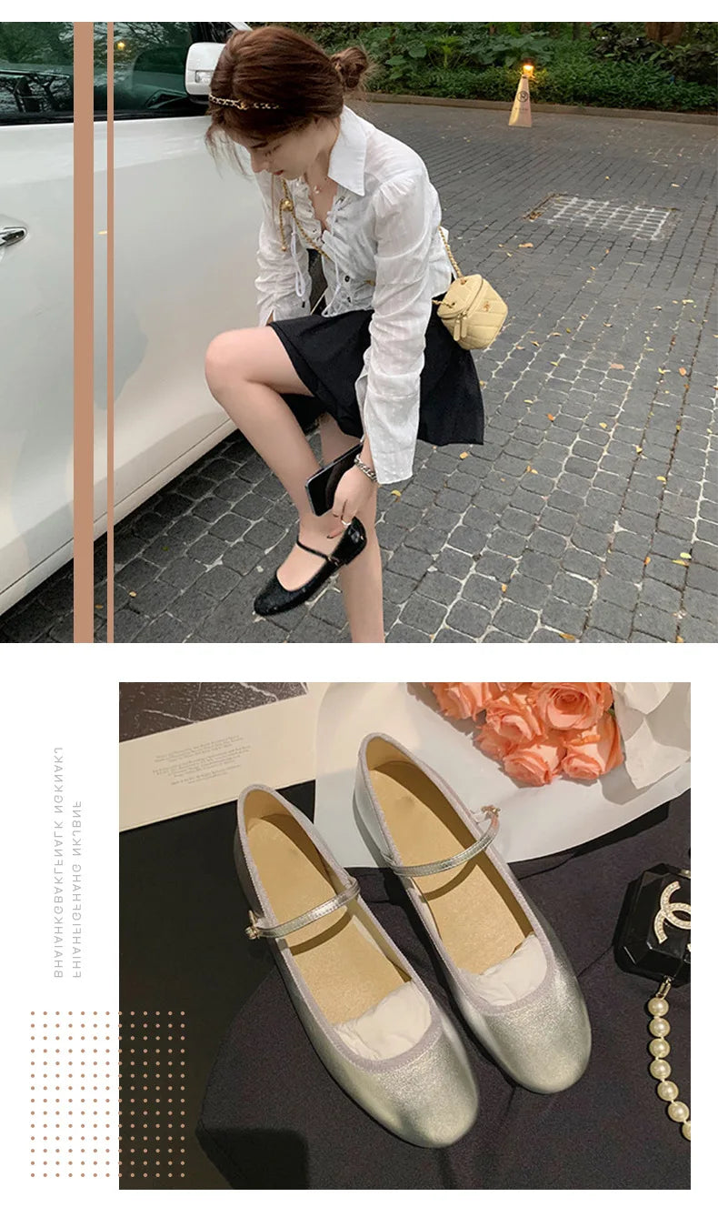 Zapatillas French Flat Bottomed Women Shoe Autumn Shallow Cut Mary Jane Shoe One Line Leather Shoe Ballet Single Shoe Women Shoe - reetell